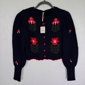 Free People Nonna Cardigan Womens XS Floral Cottage Core Crop Sweater Cotton NEW